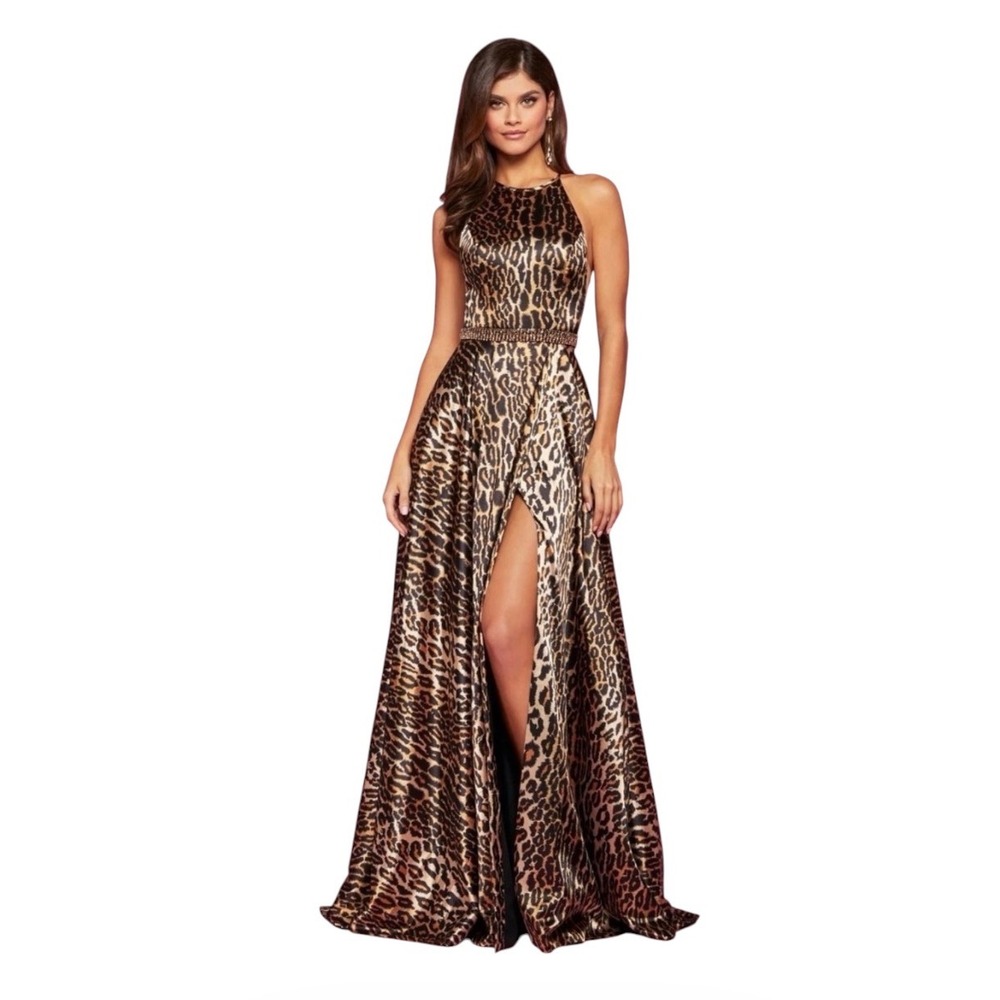 Sherri Hill 53301 Animal Print Satin Halter Gown NWT Size 0 High‎ Slit